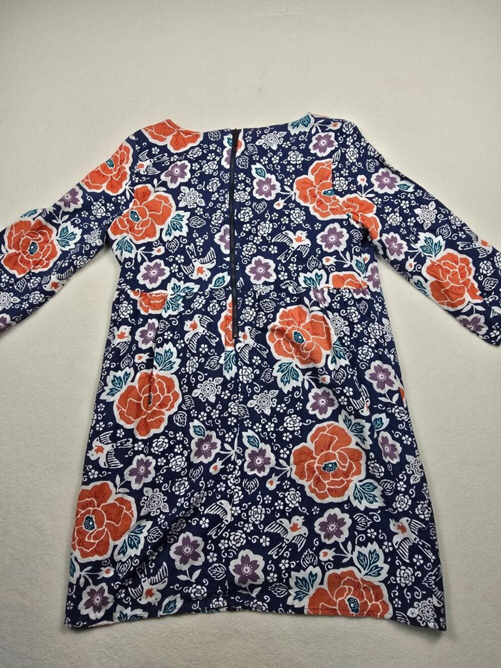 Old Navy Floral Print Dress Navy Orange Purple 3/4 Sleeve Back Zip Womens Medium - Picture 5 of 6